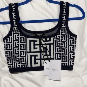 Balmain Black & White Logo Jacquard Crop Tank